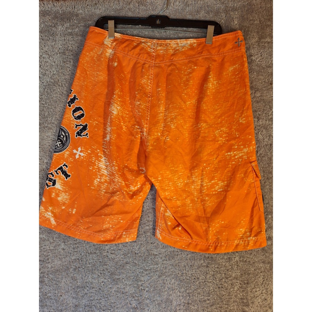 Affliction Mens Orange Board Shorts Swim Trunks Size 34 Distressed Gothic Cross - Picture 2 of 11